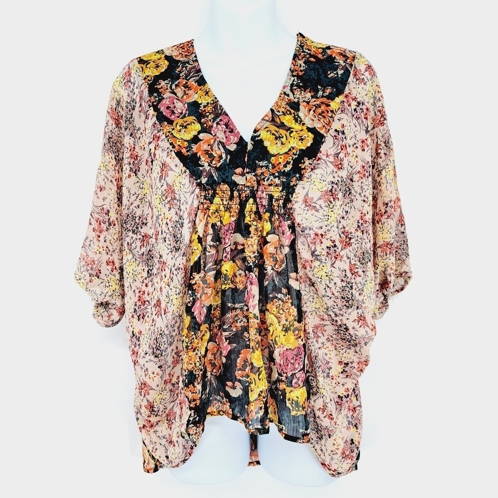 Black Poppy Mixed Media Sheer‎ Boho Festival Smocked Dolman Sleeve Blouse